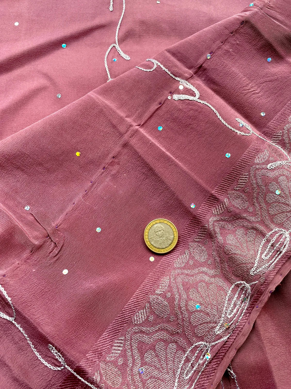 Tela de Sari Indio Vintage Bordada Seda Rosado