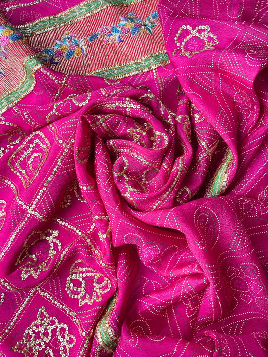 ! Corte de Tela de Sari Indio Vintage Bordada Seda Rosado